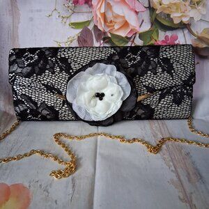 La Regale Black Lace Purse Clutch Chain Evening Bag NWT removeable flower pin